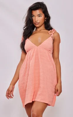 Peach Linen Look Cut Out Tie Back Shift Dress