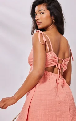 Peach Linen Look Cut Out Tie Back Shift Dress