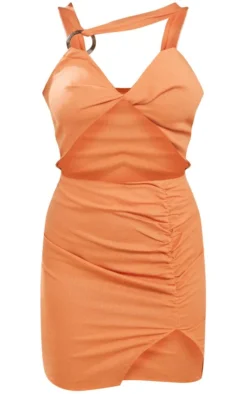 Peach Linen Look Wooden Ring Detail Cut Out Halter Bodycon Dress