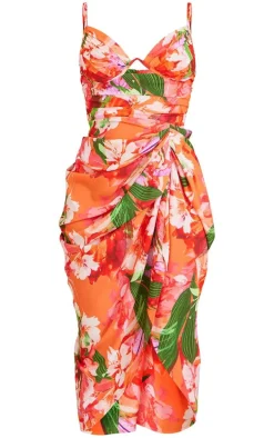 Peach Tropical Print Underwire Detail Strappy Draped Midi Dress