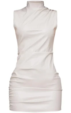 Pebble Faux Leather High Neck Sleeveless Ruched Mini Dress