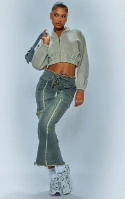 Pebble Washed Elasticated Hem Zip Crop Sweatshirt