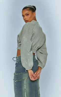 Pebble Washed Elasticated Hem Zip Crop Sweatshirt