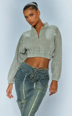 Pebble Washed Elasticated Hem Zip Crop Sweatshirt