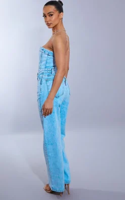 Petite Acid Blue Wash Bandeau Denim Jumpsuit