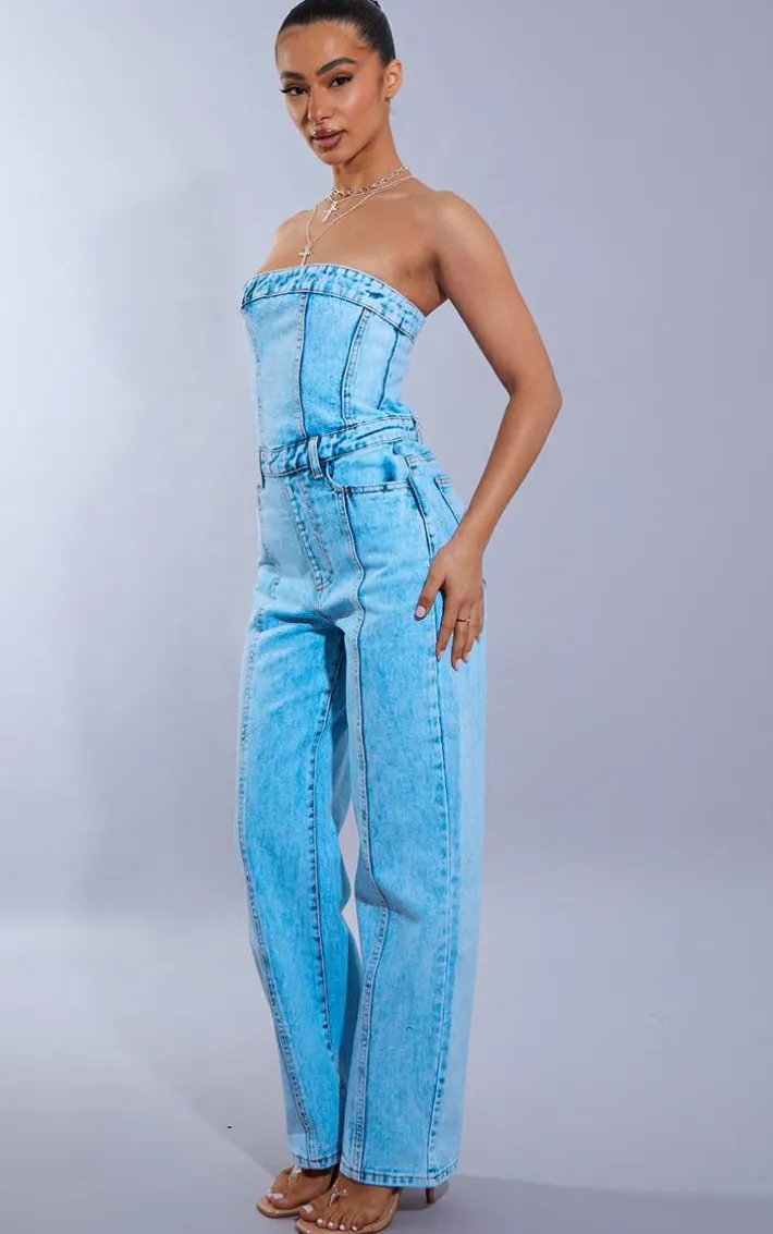 Petite Acid Blue Wash Bandeau Denim Jumpsuit
