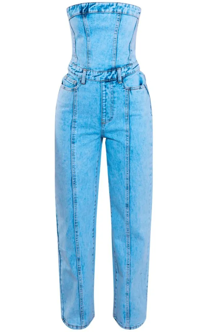 Petite Acid Blue Wash Bandeau Denim Jumpsuit