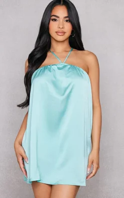 Petite Aqua Blue Satin Stappy Halterneck Swing Dress