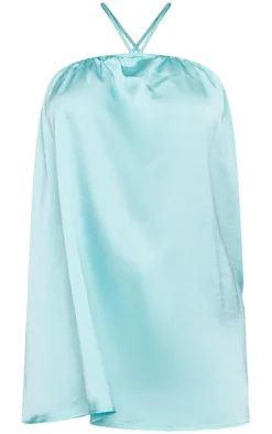 Petite Aqua Blue Satin Stappy Halterneck Swing Dress