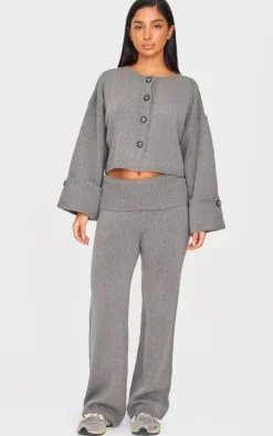 Petite Ash Grey Knitted Fold Over Flare Pants