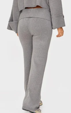 Petite Ash Grey Knitted Fold Over Flare Pants