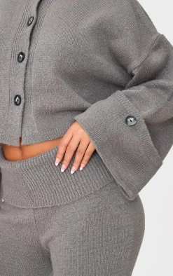 Petite Ash Grey Knitted Fold Over Flare Pants