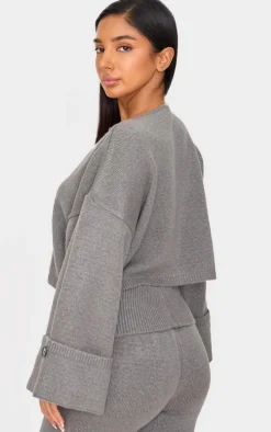 Petite Ash Grey Knitted Turn Up Sleeve Cardigan