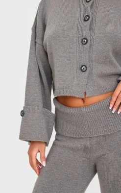 Petite Ash Grey Knitted Turn Up Sleeve Cardigan
