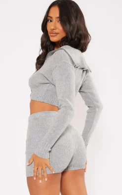 Petite Ash Grey Knitted Zip Up Cardigan