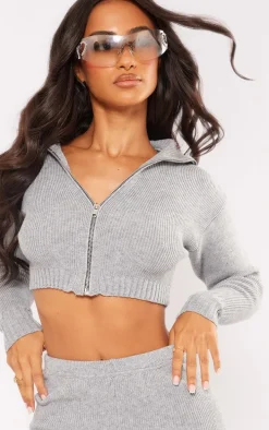 Petite Ash Grey Knitted Zip Up Cardigan