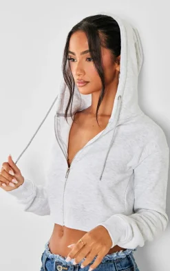 Petite Ash Grey Zip Crop Hoodie