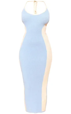 Petite Baby Blue Knit Halterneck Contrast Midaxi Dress