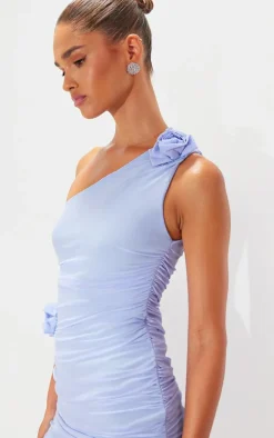 Petite Baby Blue Ruched Mesh Corsage Detail Mini Dress
