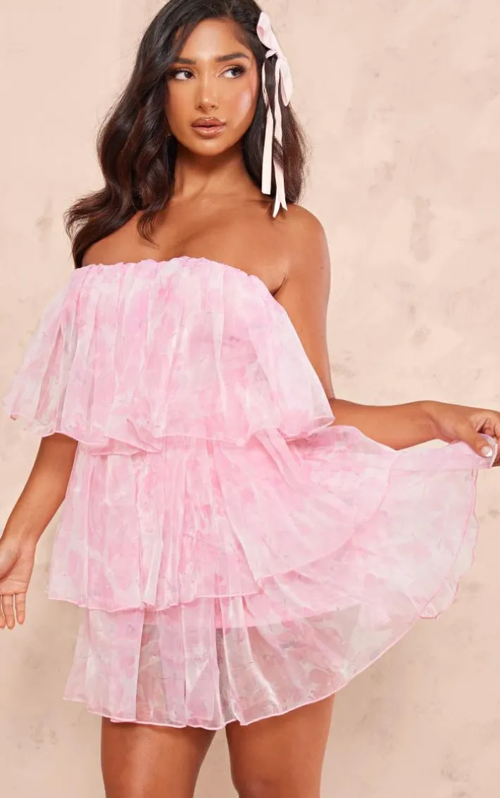 Petite Baby Pink Bandeau Mesh Printed Ruffle Mini Dress
