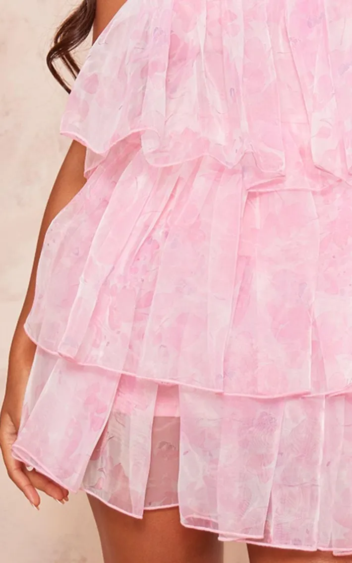 Petite Baby Pink Bandeau Mesh Printed Ruffle Mini Dress