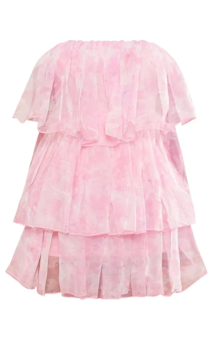 Petite Baby Pink Bandeau Mesh Printed Ruffle Mini Dress