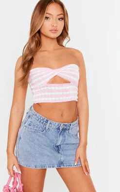 Petite Baby Pink Knit Twist Front Stripe Crop Top
