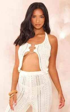 Petite Beige Crochet Ring Detail Crop Top