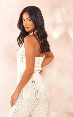 Petite Beige Crochet Ring Detail Crop Top