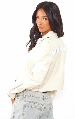 Petite Beige Cropped PU Racer Jacket