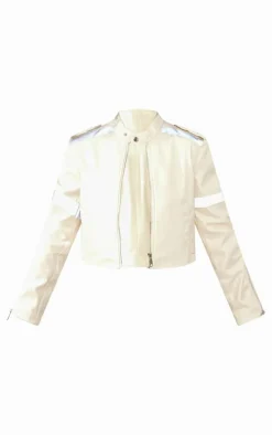 Petite Beige Cropped PU Racer Jacket