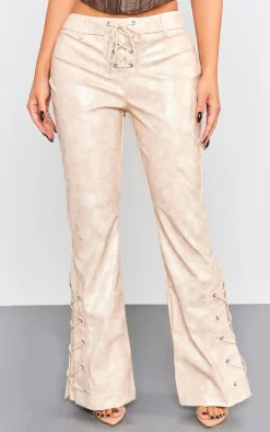 Petite Beige Faux Leather Lace Up Straight Leg Pants