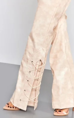 Petite Beige Faux Leather Lace Up Straight Leg Pants