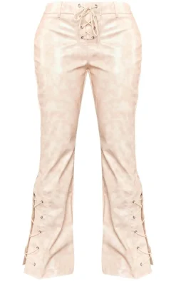 Petite Beige Faux Leather Lace Up Straight Leg Pants