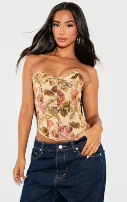 Petite Beige Floral Jacquard Hook And Eye Corset
