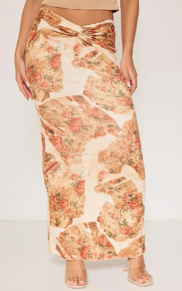 Petite Beige Floral Patchwork Print Soft Touch Knot Front Midaxi Skirt