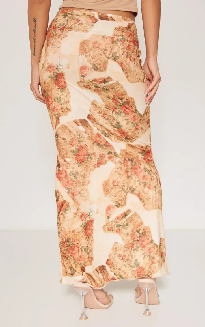 Petite Beige Floral Patchwork Print Soft Touch Knot Front Midaxi Skirt