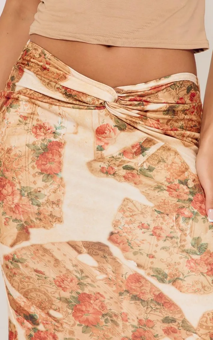 Petite Beige Floral Patchwork Print Soft Touch Knot Front Midaxi Skirt
