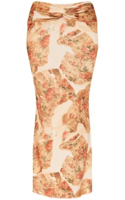 Petite Beige Floral Patchwork Print Soft Touch Knot Front Midaxi Skirt