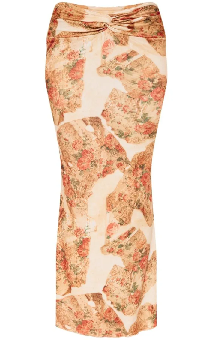 Petite Beige Floral Patchwork Print Soft Touch Knot Front Midaxi Skirt