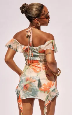 Petite Beige Floral Print Frilled Mini Dress