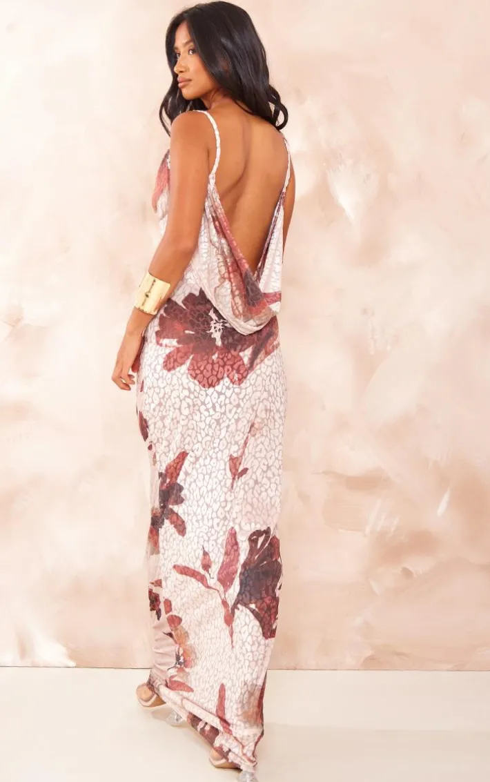 Petite Beige Floral Print Flocked Mesh Cowl Maxi Dress