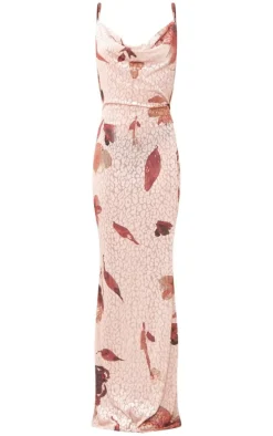 Petite Beige Floral Print Flocked Mesh Cowl Maxi Dress