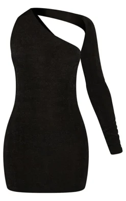 Petite Black Acetate Slinky One Shoulder Cut Out Bodycon Dress