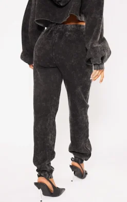 Petite Black Acid Wash Seam Detail Cuffed Sweatpants