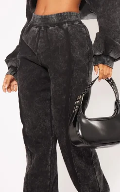 Petite Black Acid Wash Seam Detail Cuffed Sweatpants