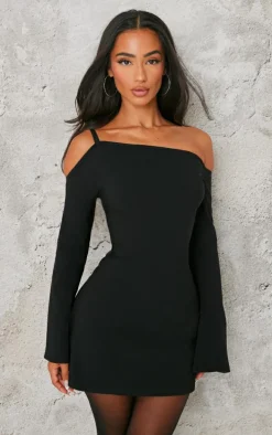 Petite Black Asymmetric One Shoulder Flared Sleeve Shift Dress