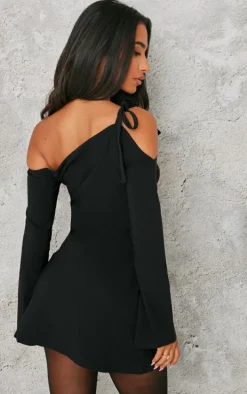 Petite Black Asymmetric One Shoulder Flared Sleeve Shift Dress