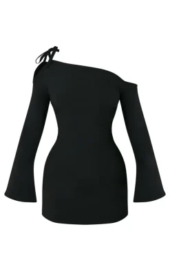 Petite Black Asymmetric One Shoulder Flared Sleeve Shift Dress