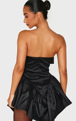 Petite Black Bandeau Corset Detail Ruffle Hem Mini Dress